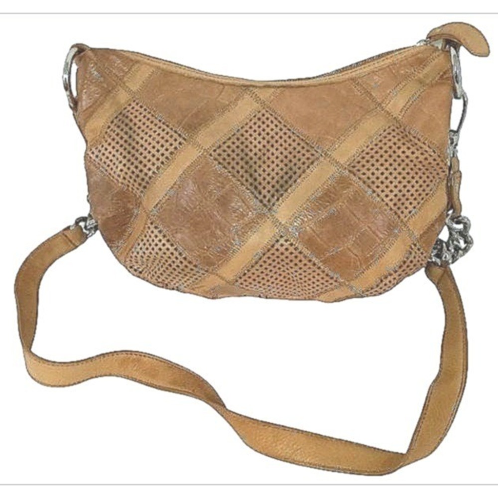 Boho B. Makowsky Patchwork Shoulder Bag Women Medium Tan Leather Chain Strap